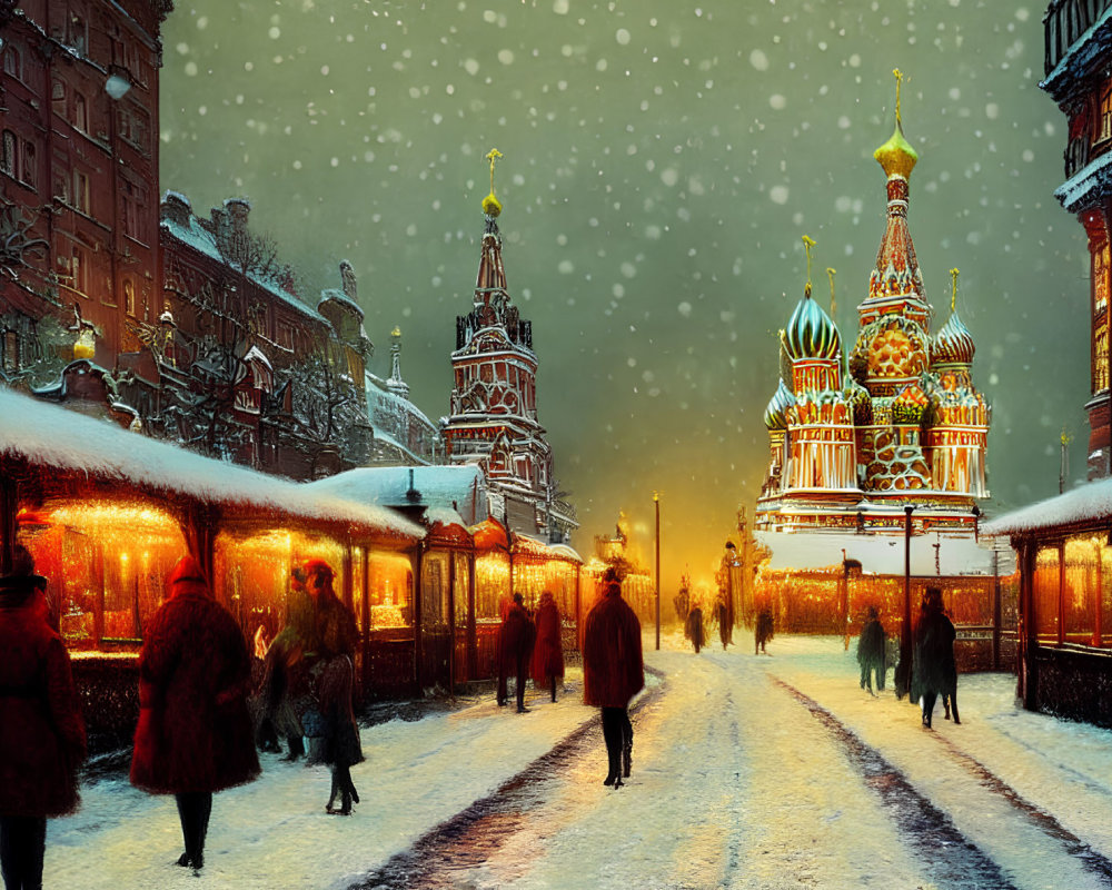 Snowfall over Russian architecture and busy street scene