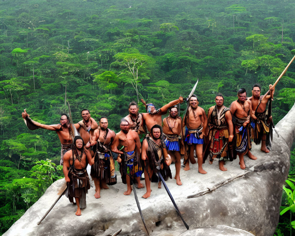 Indigenous People in Traditional Attire Overlooking Jungle