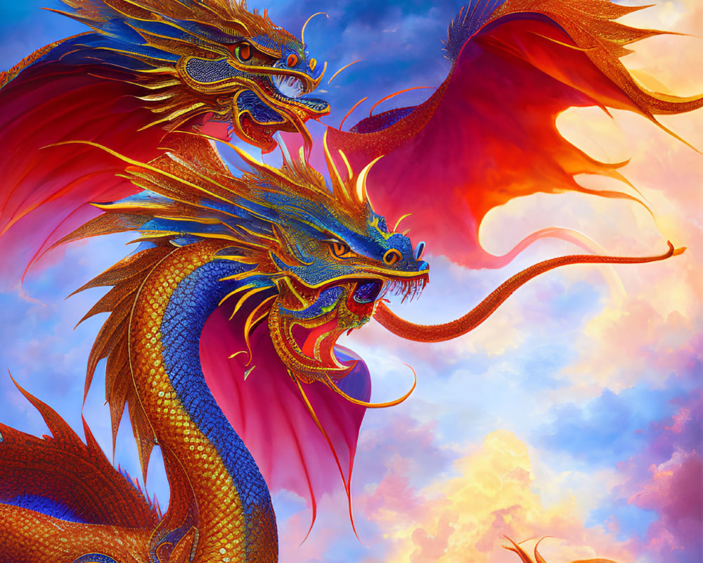 Colorful dragons flying in dramatic sky with floating islands and small creature