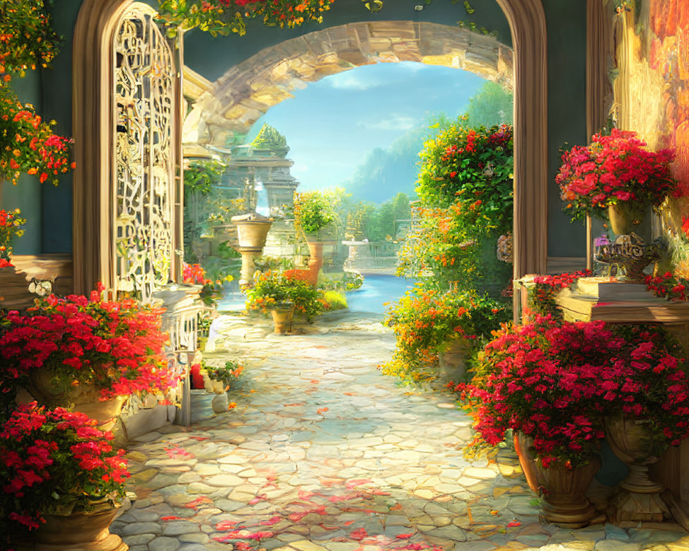 Tranquil garden pathway with blooming flowers and fountain under archway
