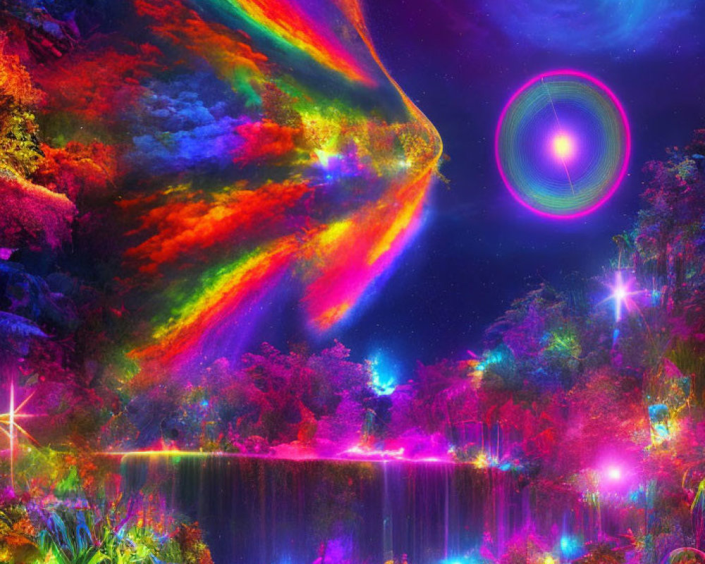 Neon-lit fantasy landscape with waterfall and cosmic sky