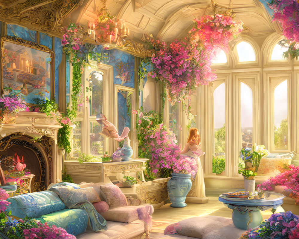 Bright sunlit room with pink flowers, elegant decor, fireplace, and animated characters.