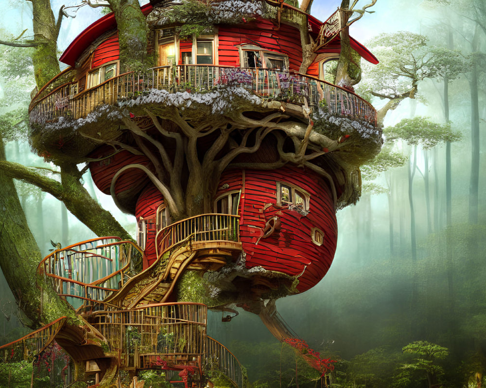 Red Treehouse with White-Trimmed Windows in Ancient Tree