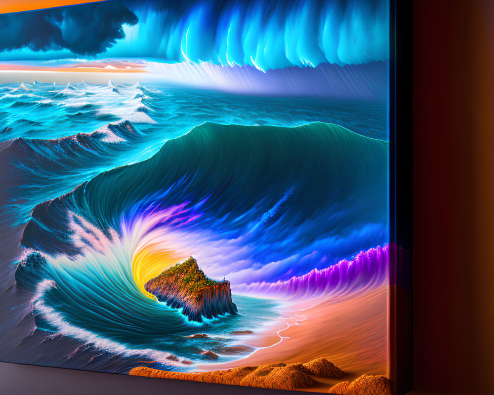 Colorful Surreal Ocean Wave Digital Artwork on Canvas Display
