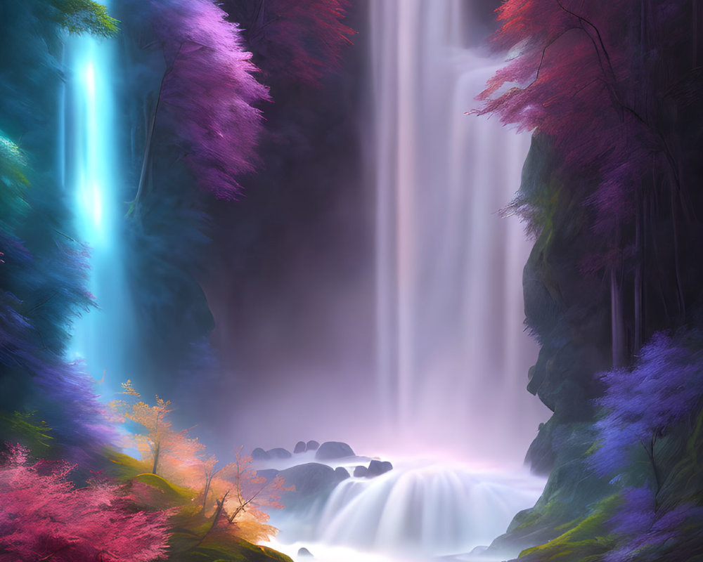 Colorful digital artwork of mystical waterfall and luminescent trees.