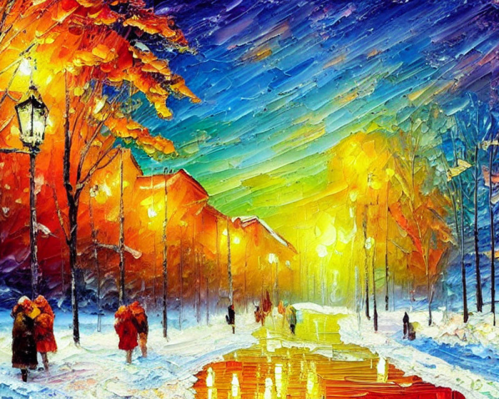 Snowy Evening Scene with People Walking under Street Lamps, Colorful Trees, and Houses