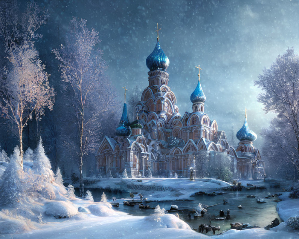 Snowy Russian-style church with onion domes in twilight scene