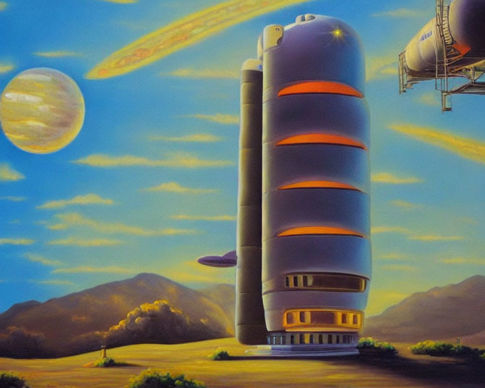 Futuristic cylindrical building in serene landscape with planets, gas giant, spacecraft, and blimp