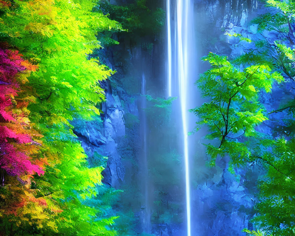 Vibrant autumn waterfall surrounded by lush foliage