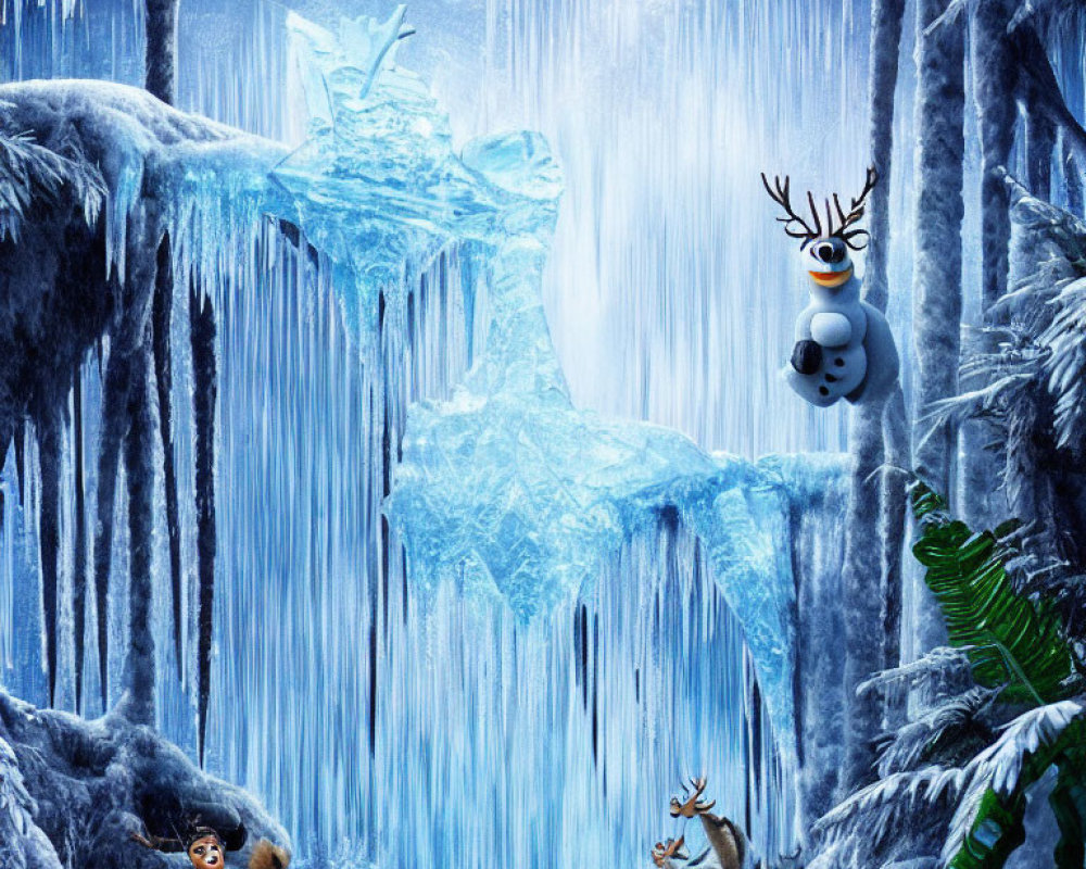 Frozen landscape with icicles, snowman, animals, and glistening ice formation