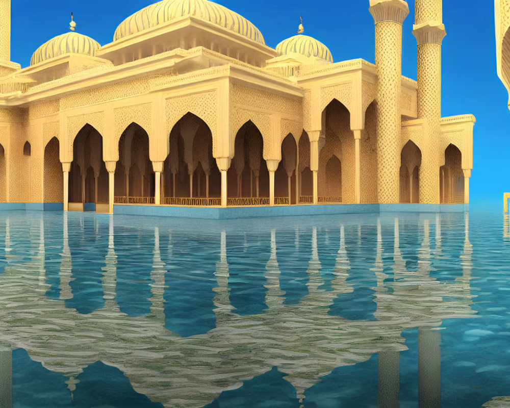 Ornate Golden-Domed Mosque with Minarets Reflected in Water