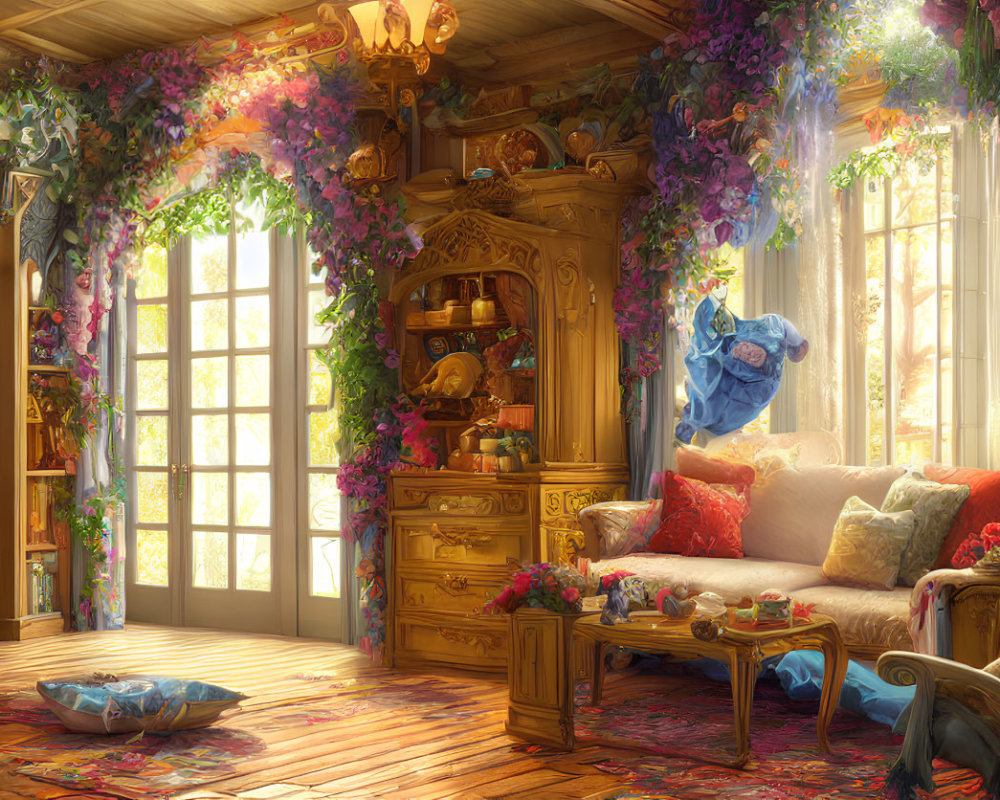 Sunlit room with flowers, plants, wooden cabinet, plush cushions, and intricate decorations.