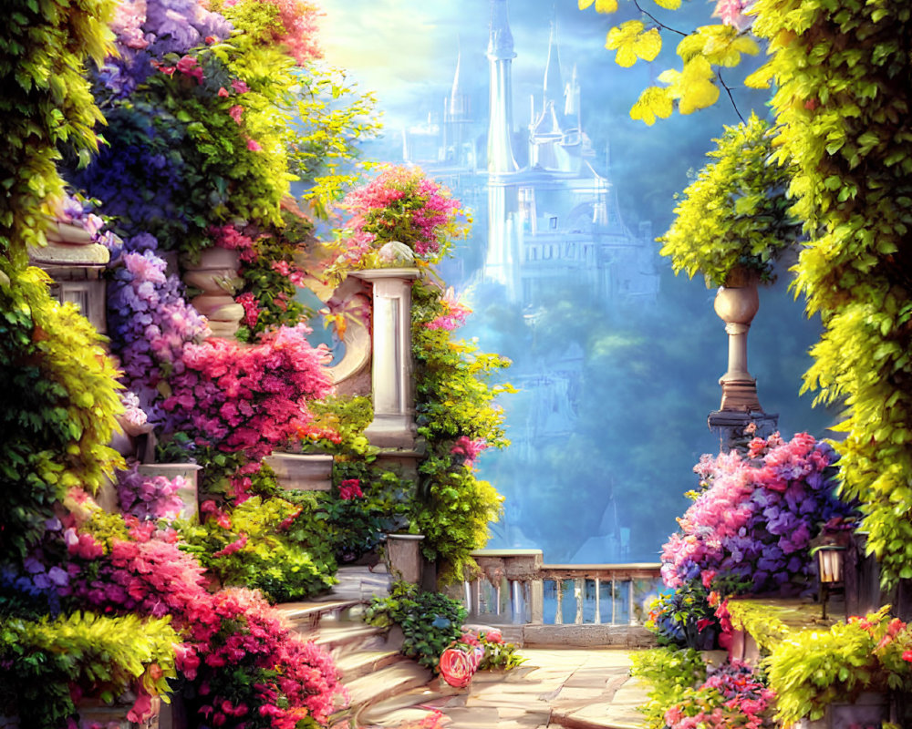 Fantasy garden pathway with pink and purple flowers leading to fairy tale castle under clear sky