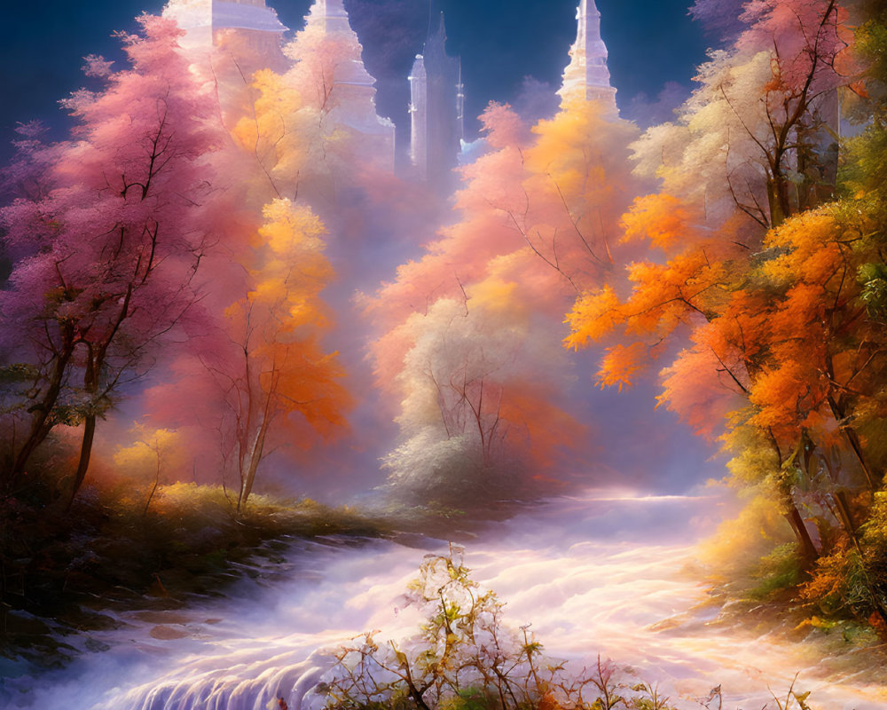 Mystical Castle in Autumn Landscape with Stream