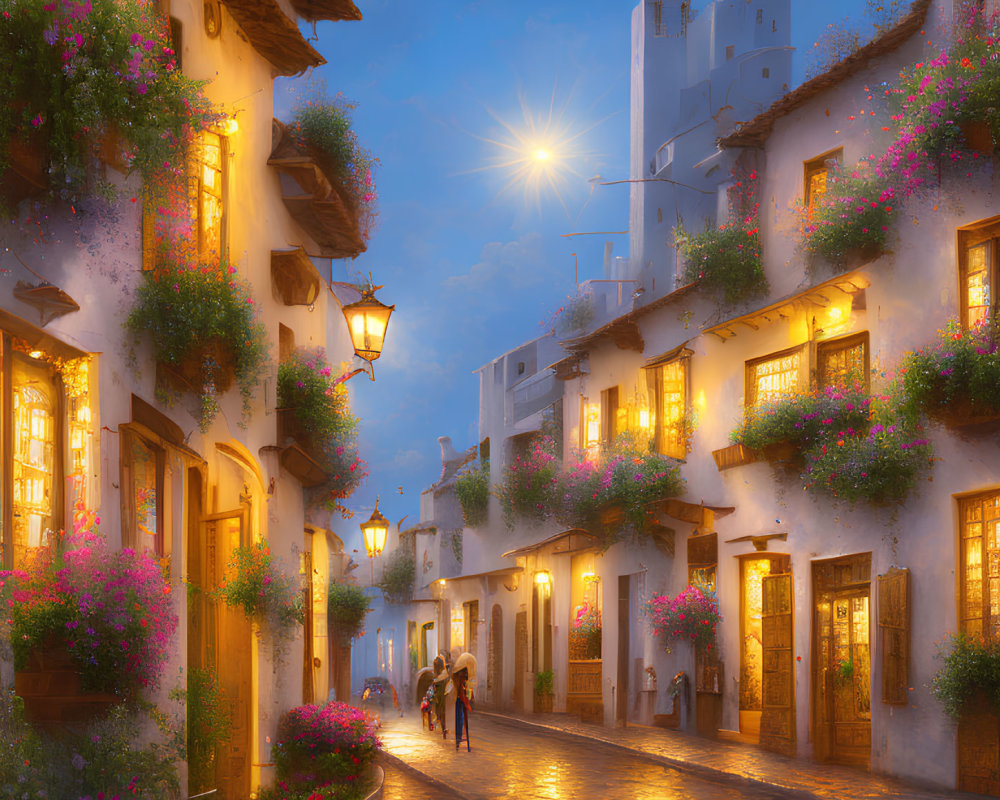 Picturesque European alley at dusk with cobblestone pavement, glowing street lamps, flowers, couple walking