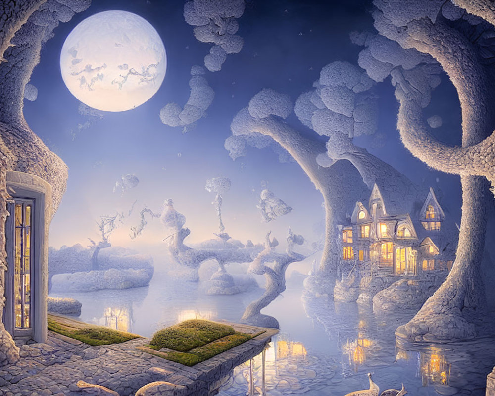 Enchanted night scene: moon, floating islands, castle, tree-lined path