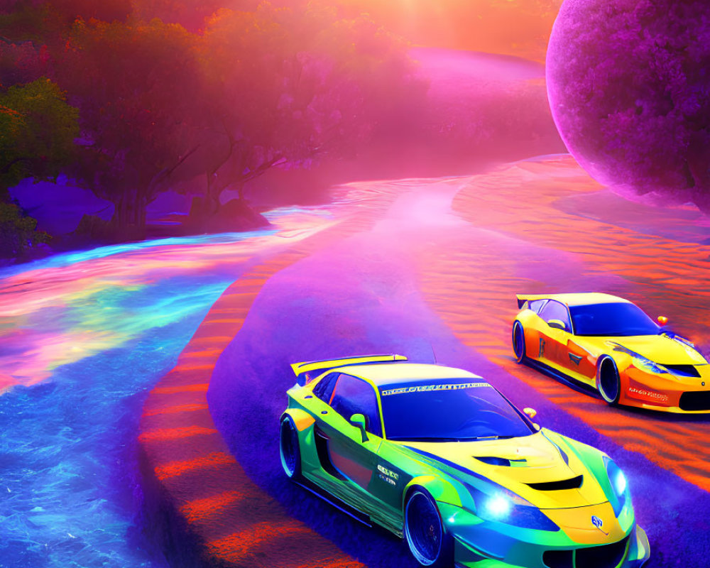 Surreal race cars on colorful road with moon and sunset