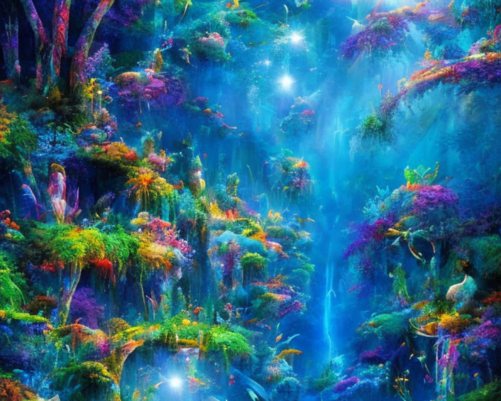 Vibrant mythical forest with neon hues and cascading waterfalls
