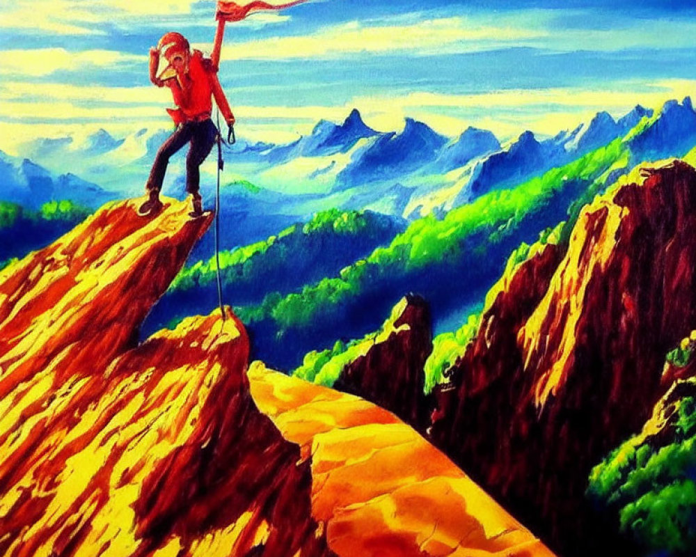 Colorful Climber Reaching Mountain Summit in Vibrant Painting