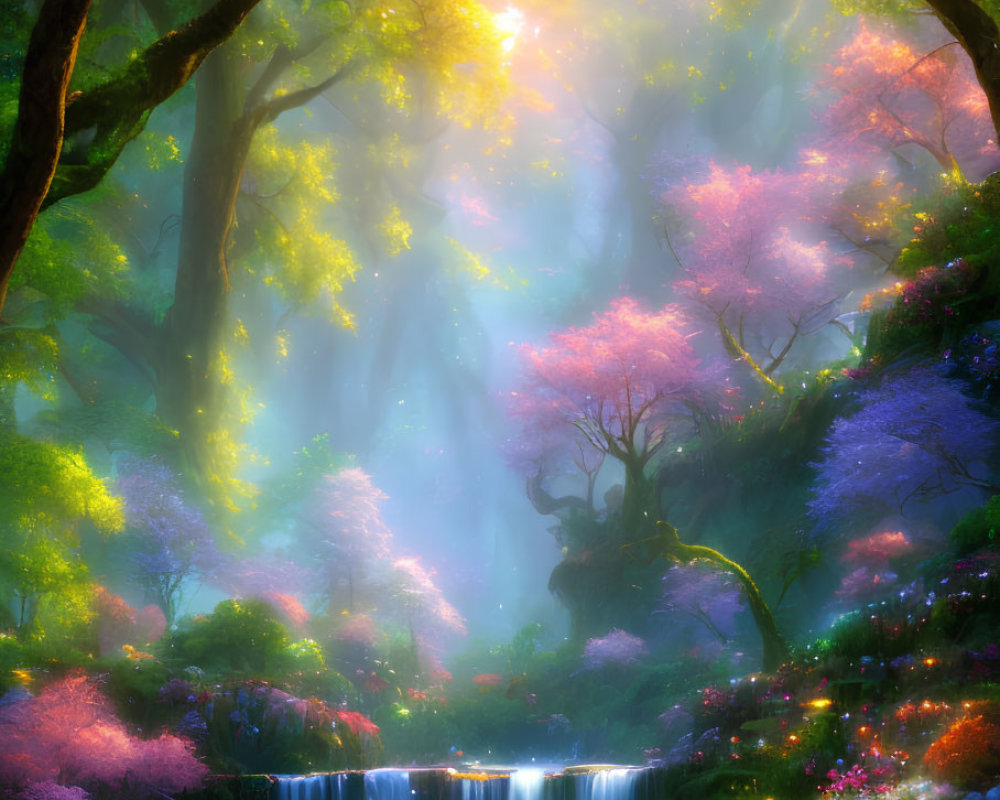 Enchanting forest scene with waterfall, pink trees, and glowing plants