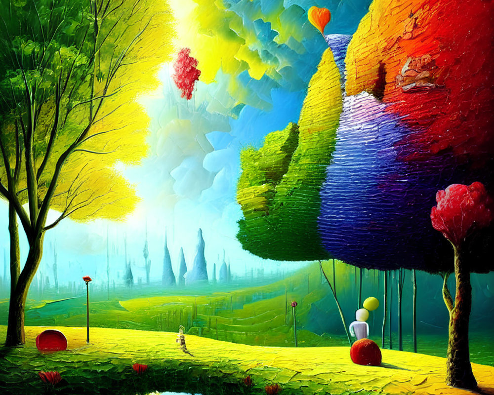 Colorful landscape painting with trees, river, and hot air balloons