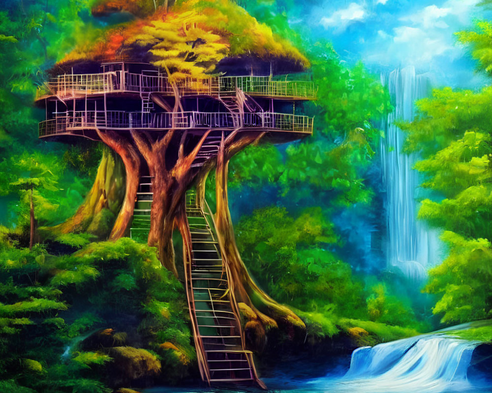 Colorful Treehouse Painting with Waterfall & Lush Greenery