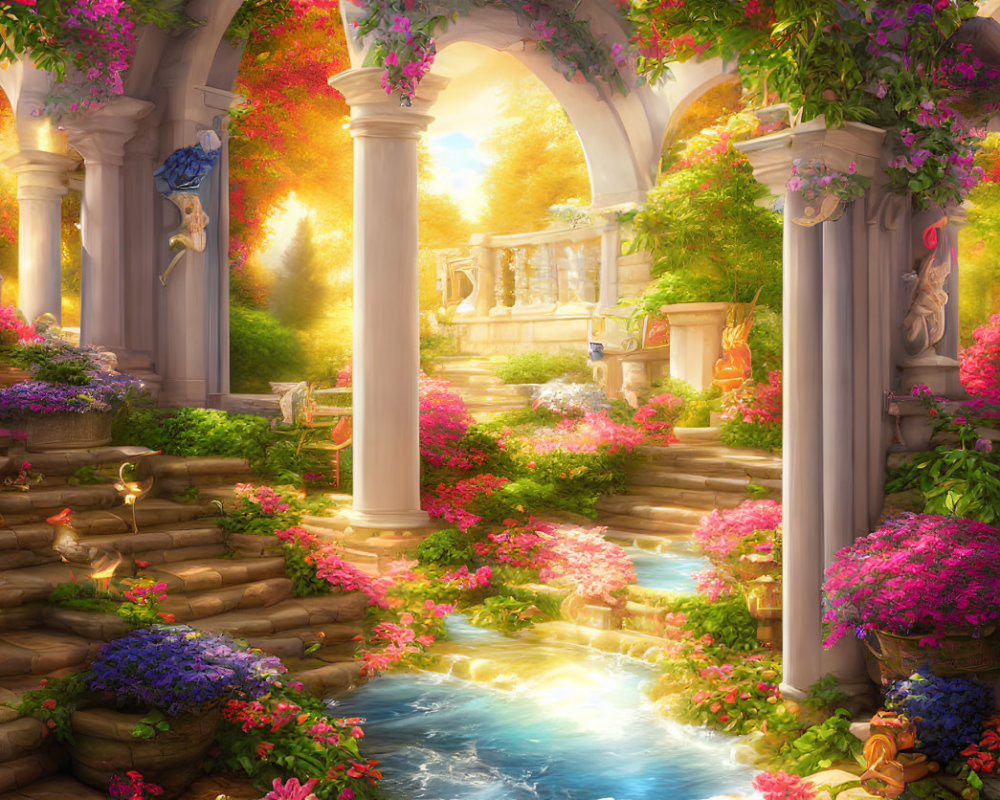 Sunlit garden with vibrant flowers, stream, and ancient columns