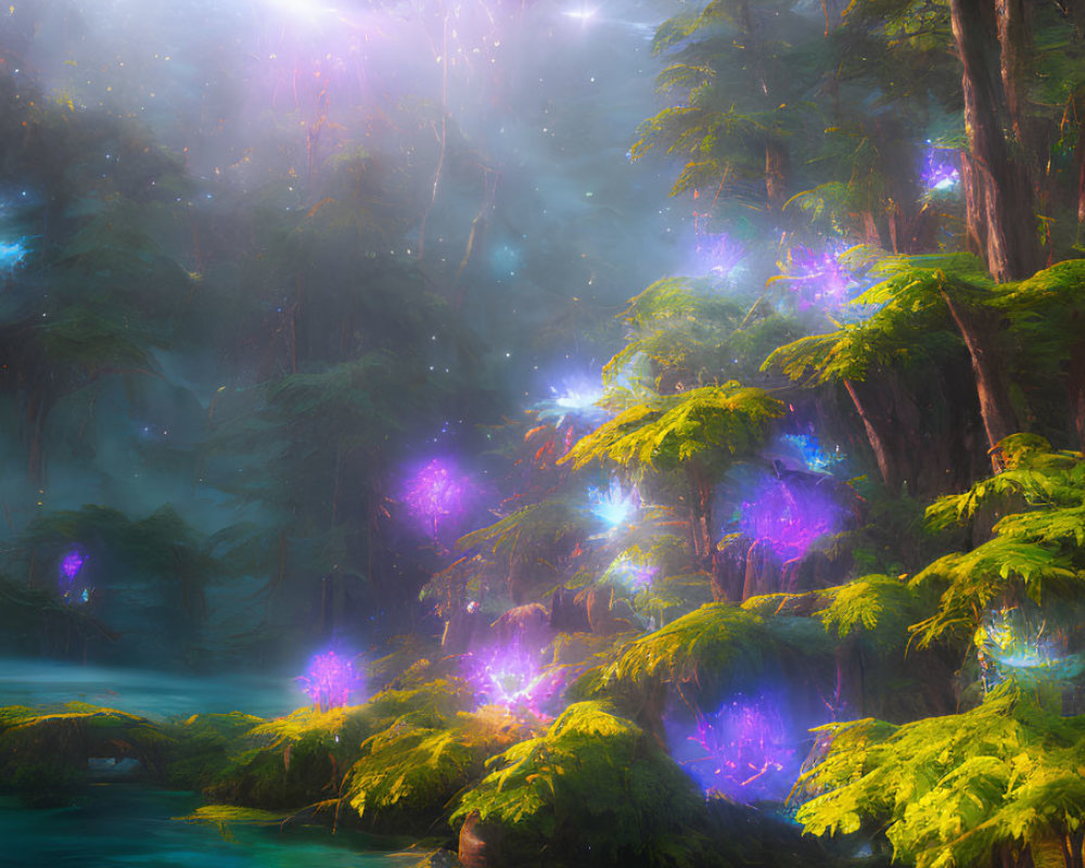 Ethereal forest scene with tall trees, river, and glowing orbs