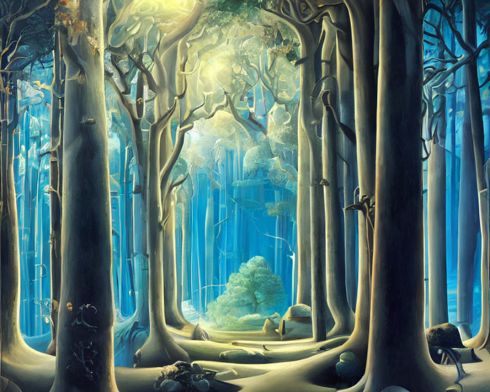 Mystic Blue Ethereal Forest with Towering Trees