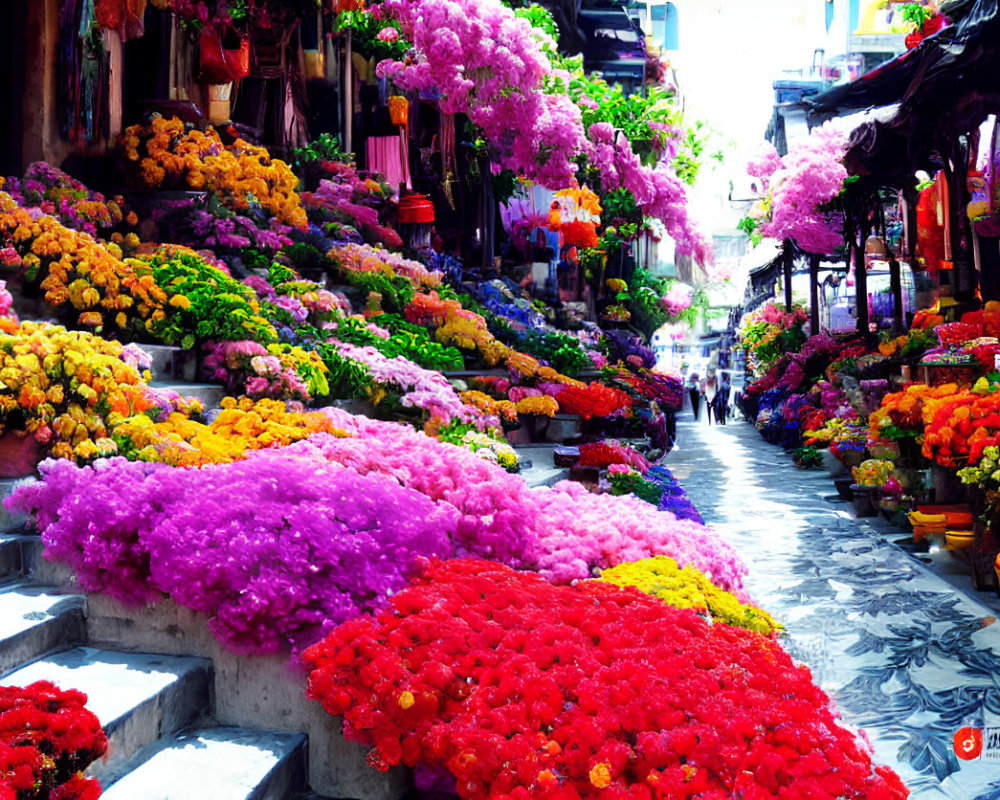 Colorful Flower Market with Rows of Various Flowers and Hanging Ornaments