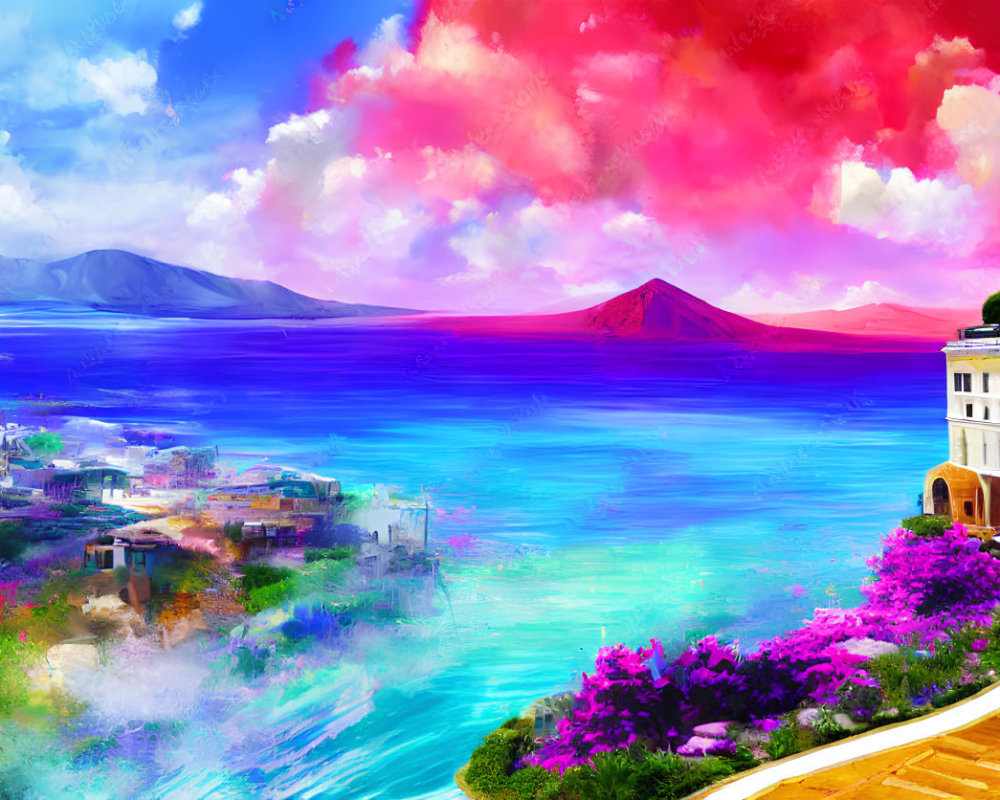 Colorful Coastal Landscape Digital Painting with Blue Sea and Pink Flowers