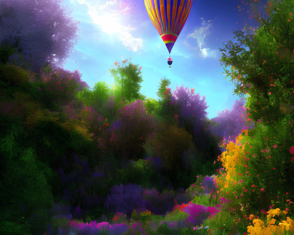 Colorful hot air balloon over lush garden with flowers in bloom