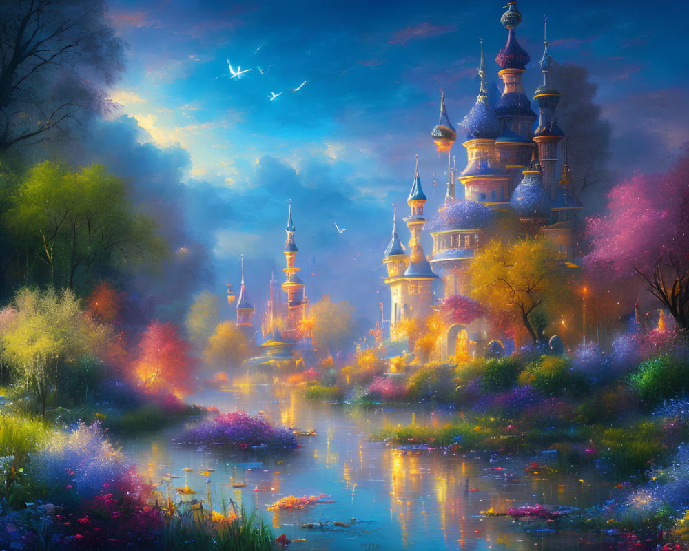 Fantasy landscape with vibrant flowers, castles, and twilight sky