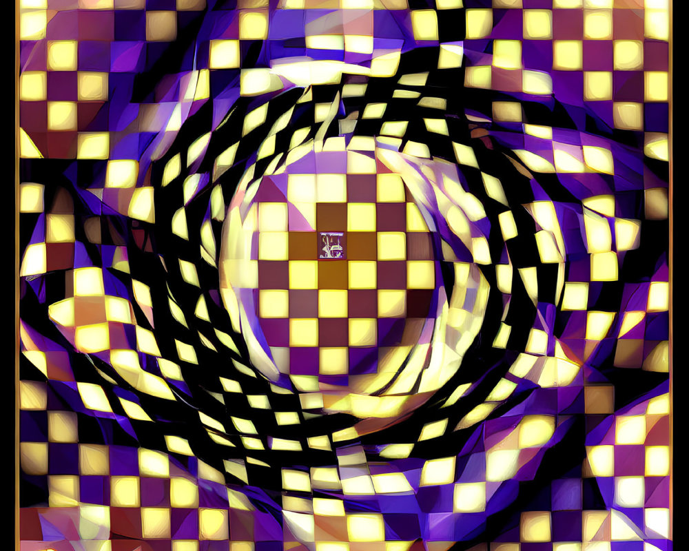 Spiral pattern and checkered elements in purple, gold, and black