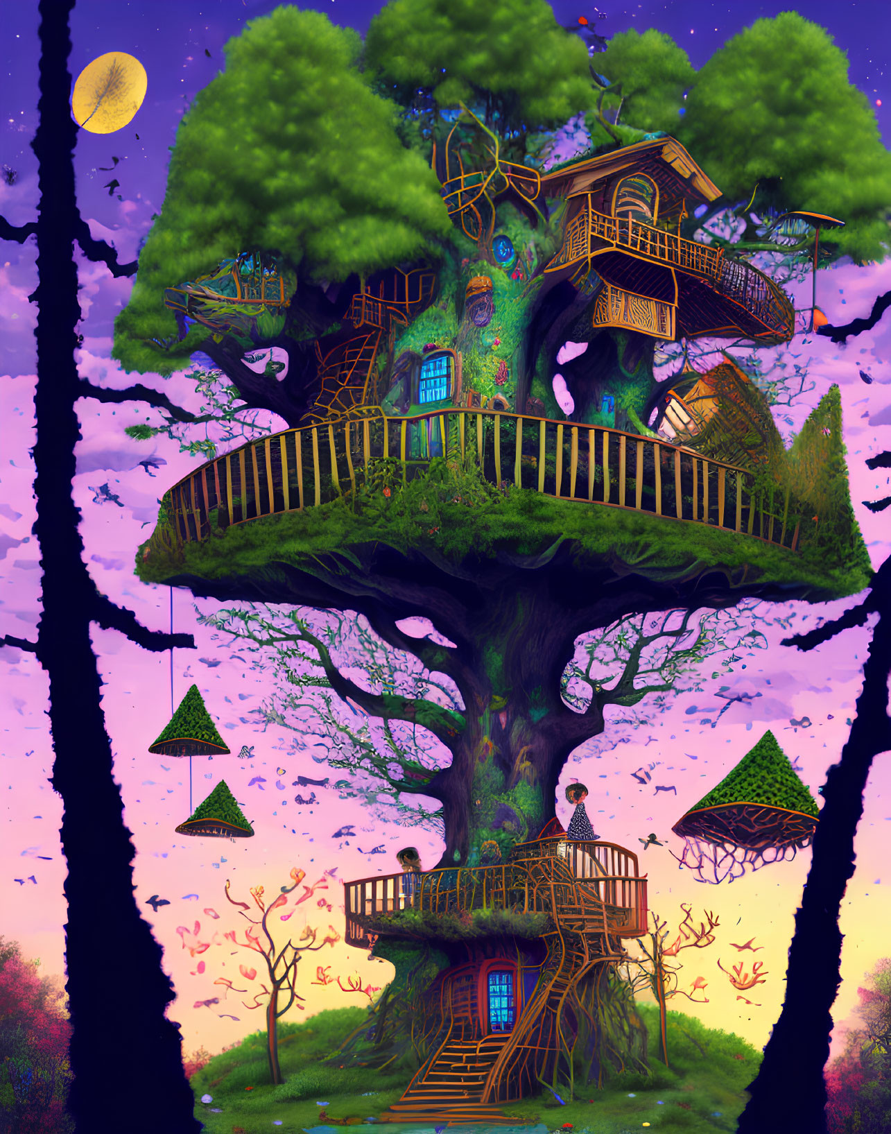 Detailed illustration of whimsical treehouse under purple sky