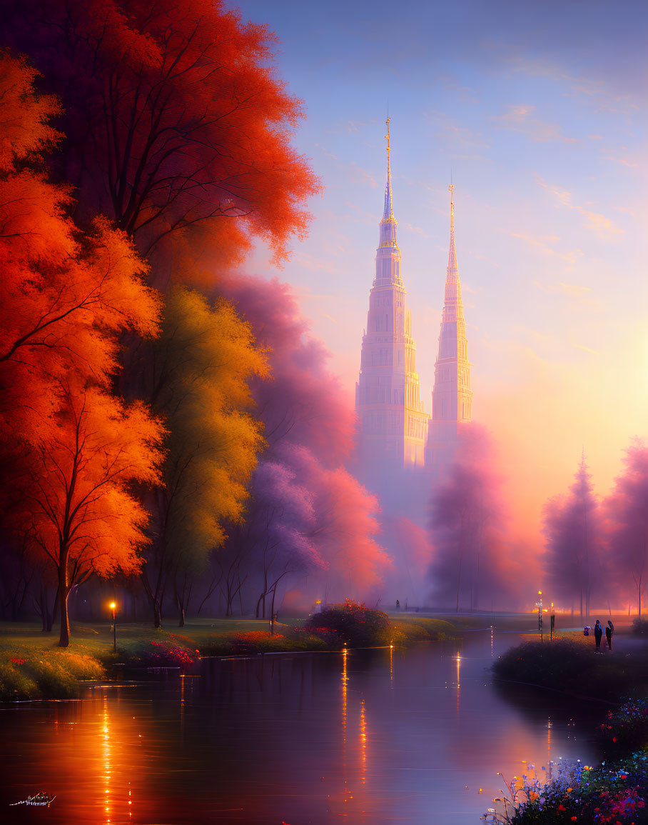 Ethereal twilight scene with autumn trees, reflective river, glowing lamps, walking figures, and mist