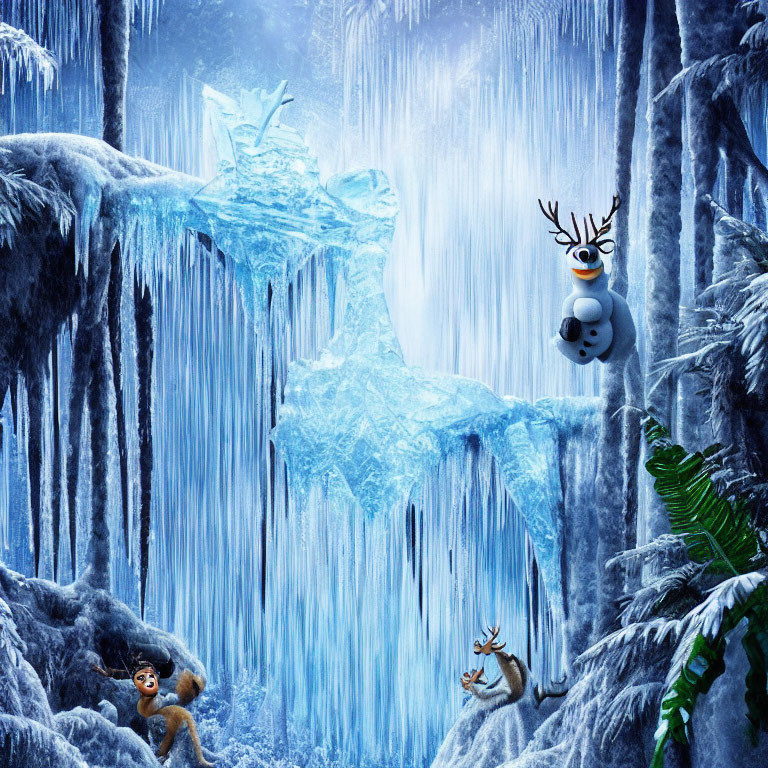 Frozen landscape with icicles, snowman, animals, and glistening ice formation