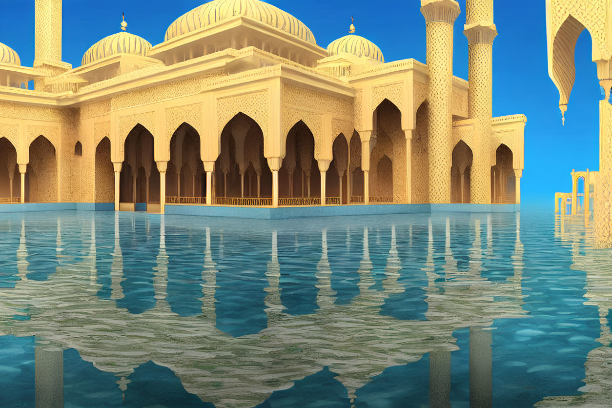 Ornate Golden-Domed Mosque with Minarets Reflected in Water