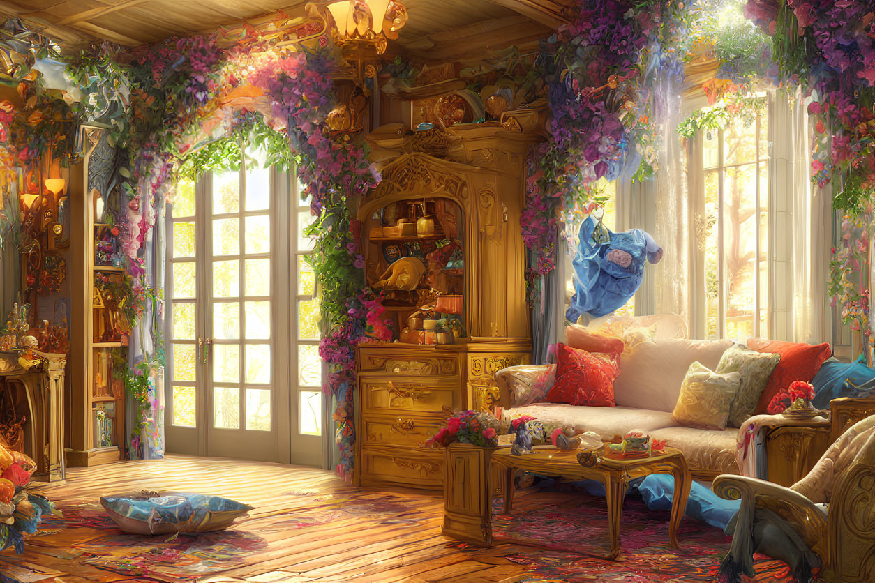 Sunlit room with flowers, plants, wooden cabinet, plush cushions, and intricate decorations.