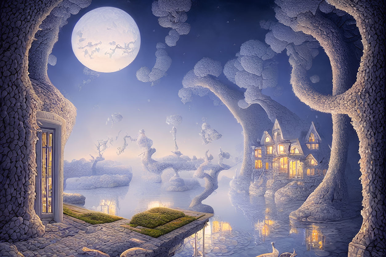 Enchanted night scene: moon, floating islands, castle, tree-lined path