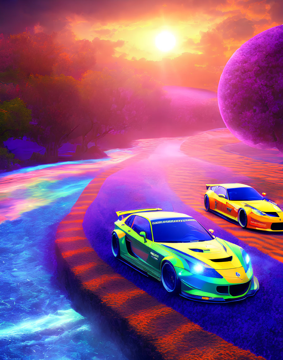 Surreal race cars on colorful road with moon and sunset
