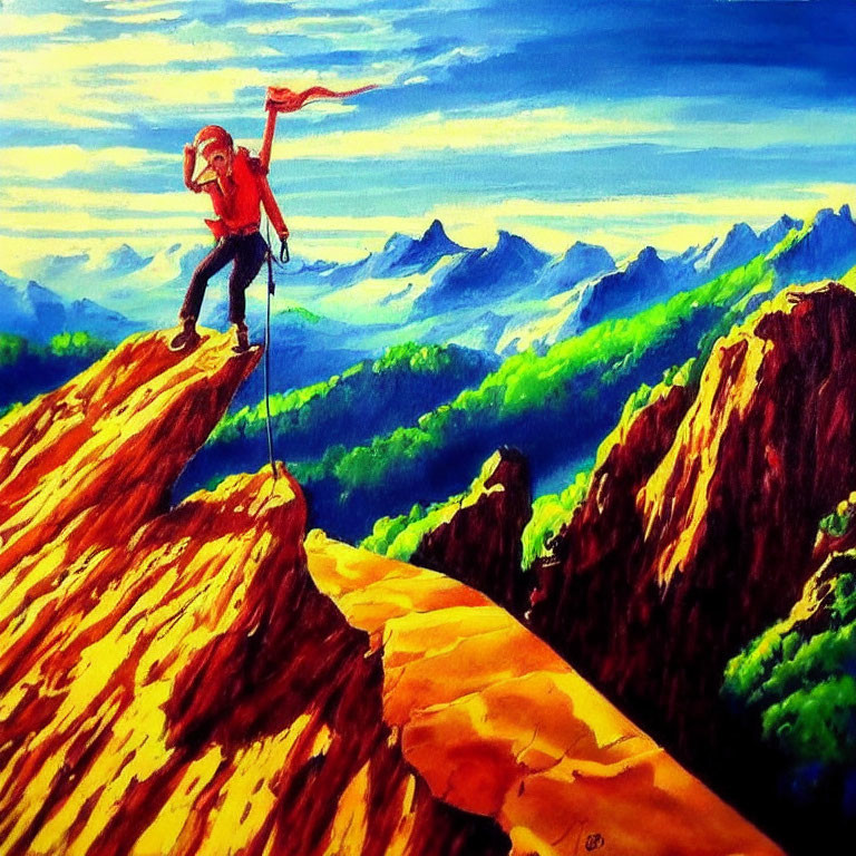 Colorful Climber Reaching Mountain Summit in Vibrant Painting