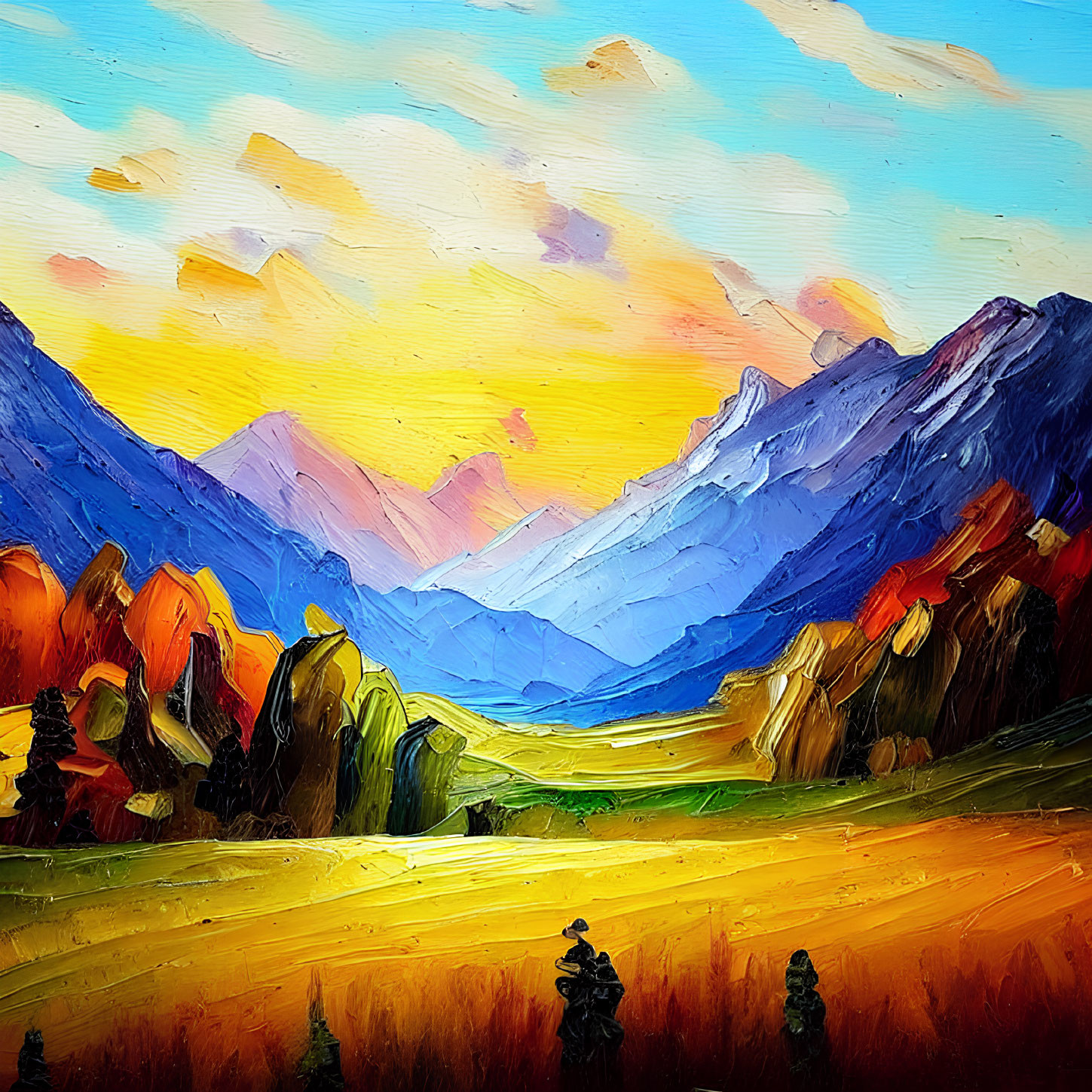 Mountainous Landscape Oil Painting with Textured Brush Strokes