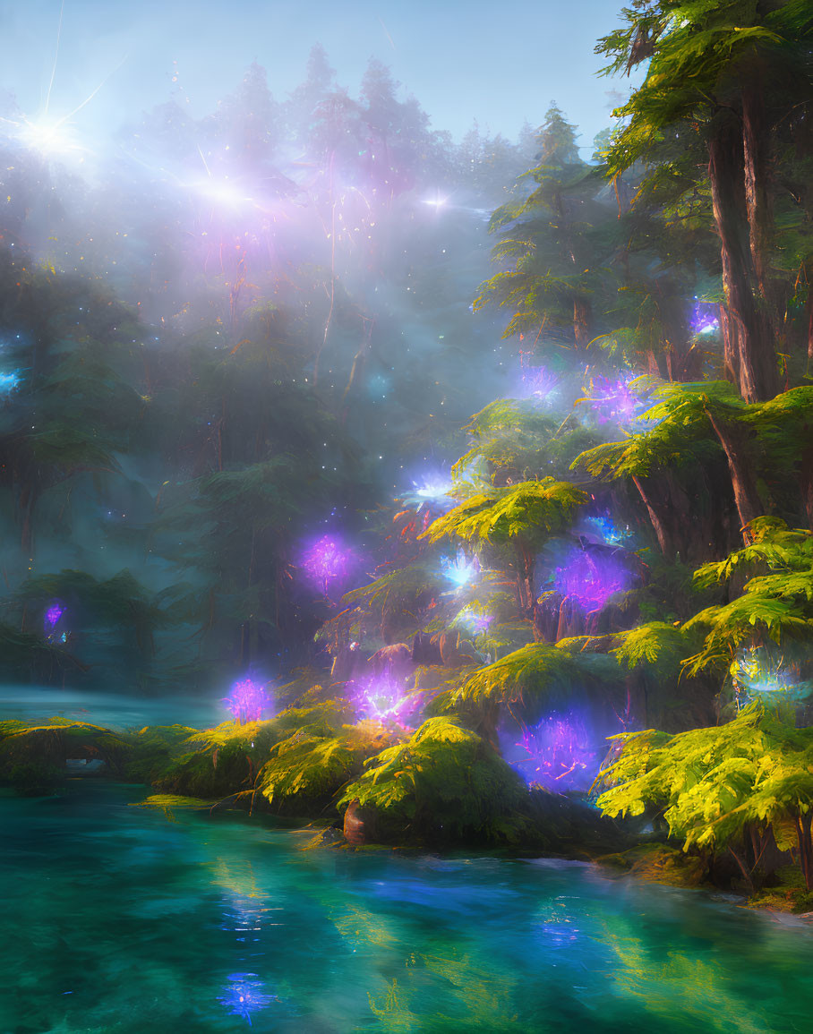 Ethereal forest scene with tall trees, river, and glowing orbs