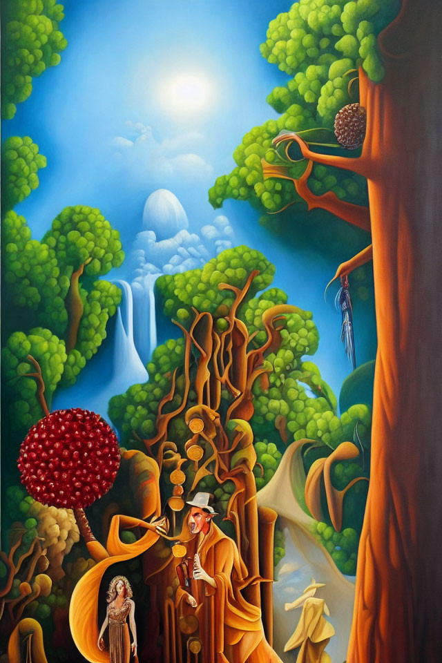 Vibrant forest painting with oversized flora and ethereal figures