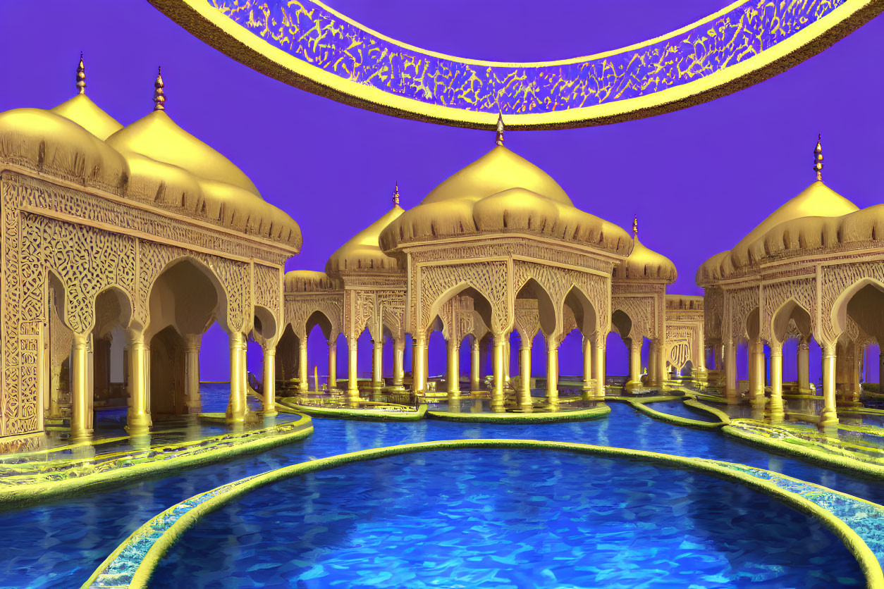 Digitally-rendered palace with golden domes and blue pools