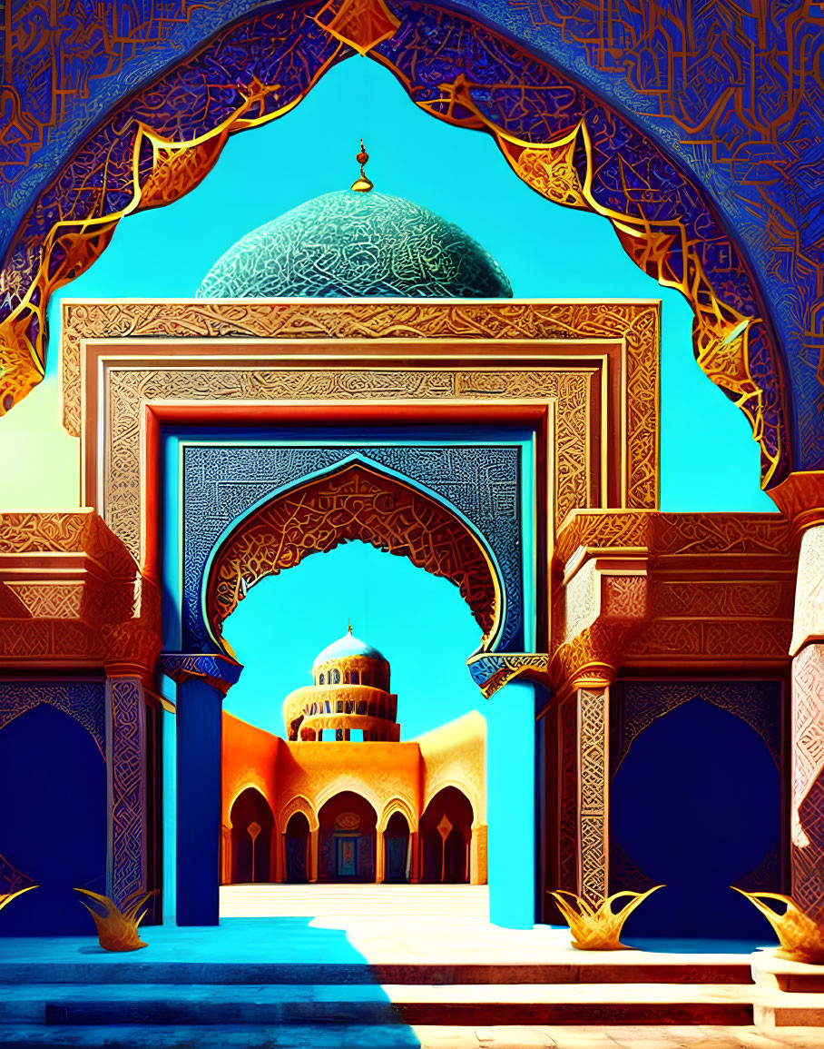 Detailed Middle Eastern architectural scene with blue and gold archways and distant mosque under clear sky