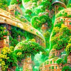 Fantastical landscape with tree-covered spheres and traditional buildings under a green sky