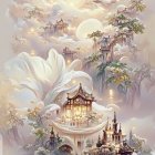 Ethereal landscape with floating islands, Asian architecture, lush trees, and yellow celestial body