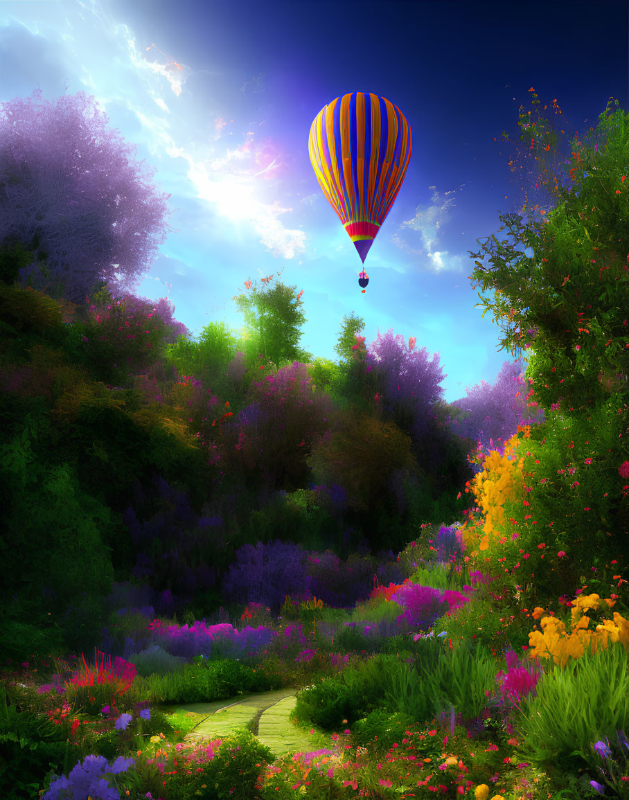 Colorful hot air balloon over lush garden with flowers in bloom